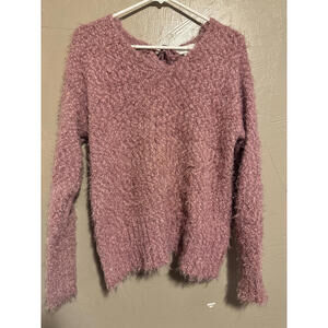 Cozy Fall Pink Fuzzy Knit Sweater with Lace Detail - Medium